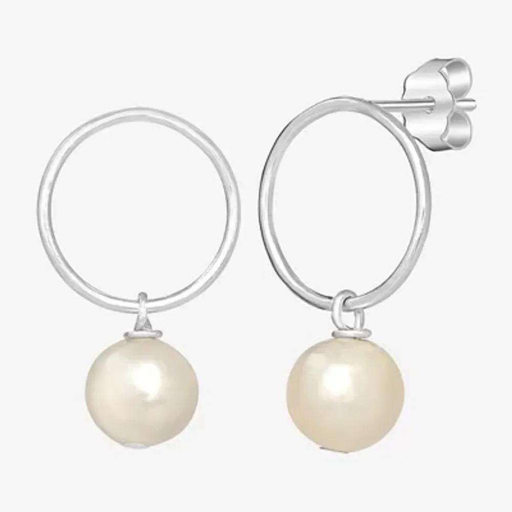Silver Treasures Womens White Simulated Pearl Sterling Silver Round Drop Earrings