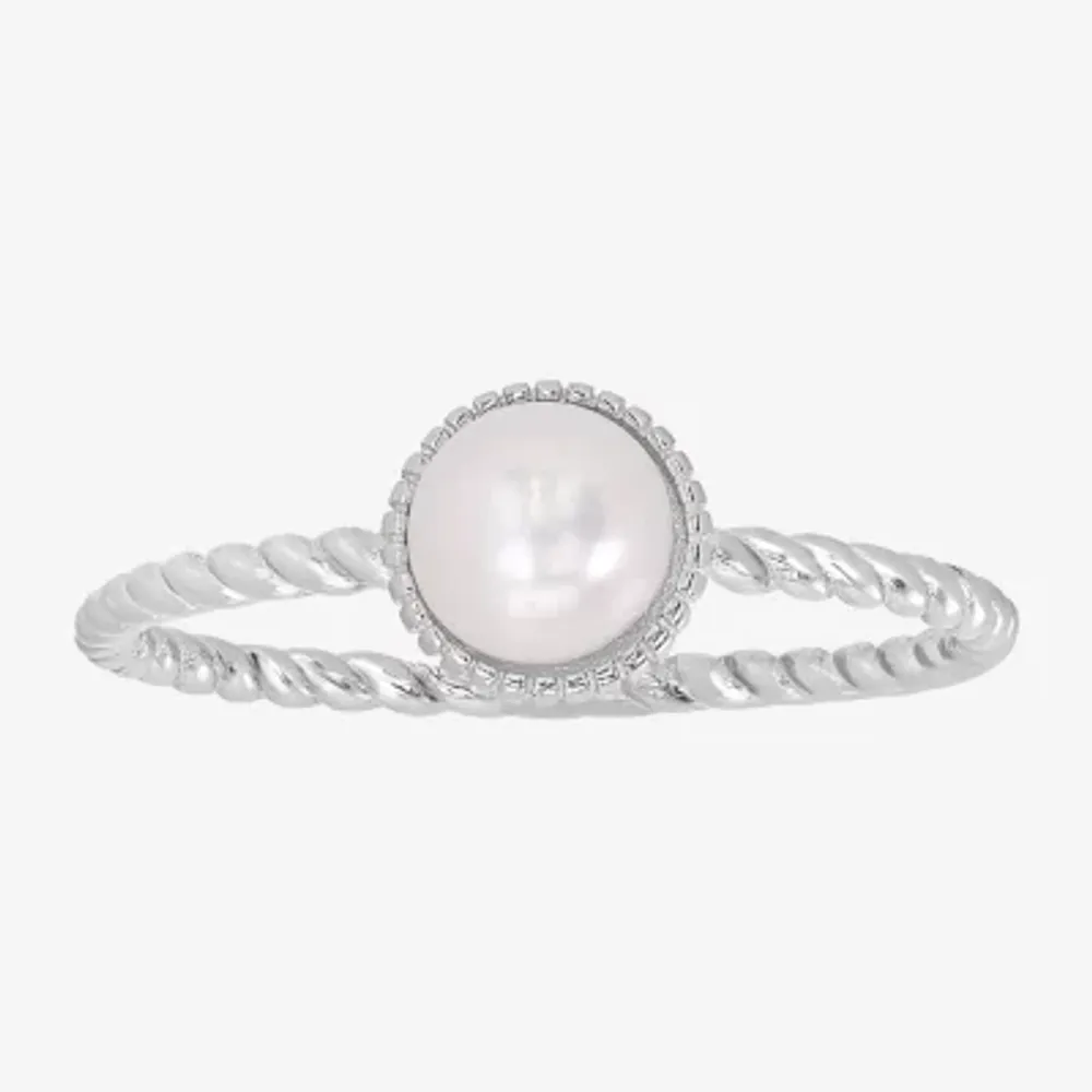 Silver Treasures Womens White Simulated Pearl Sterling Round Band