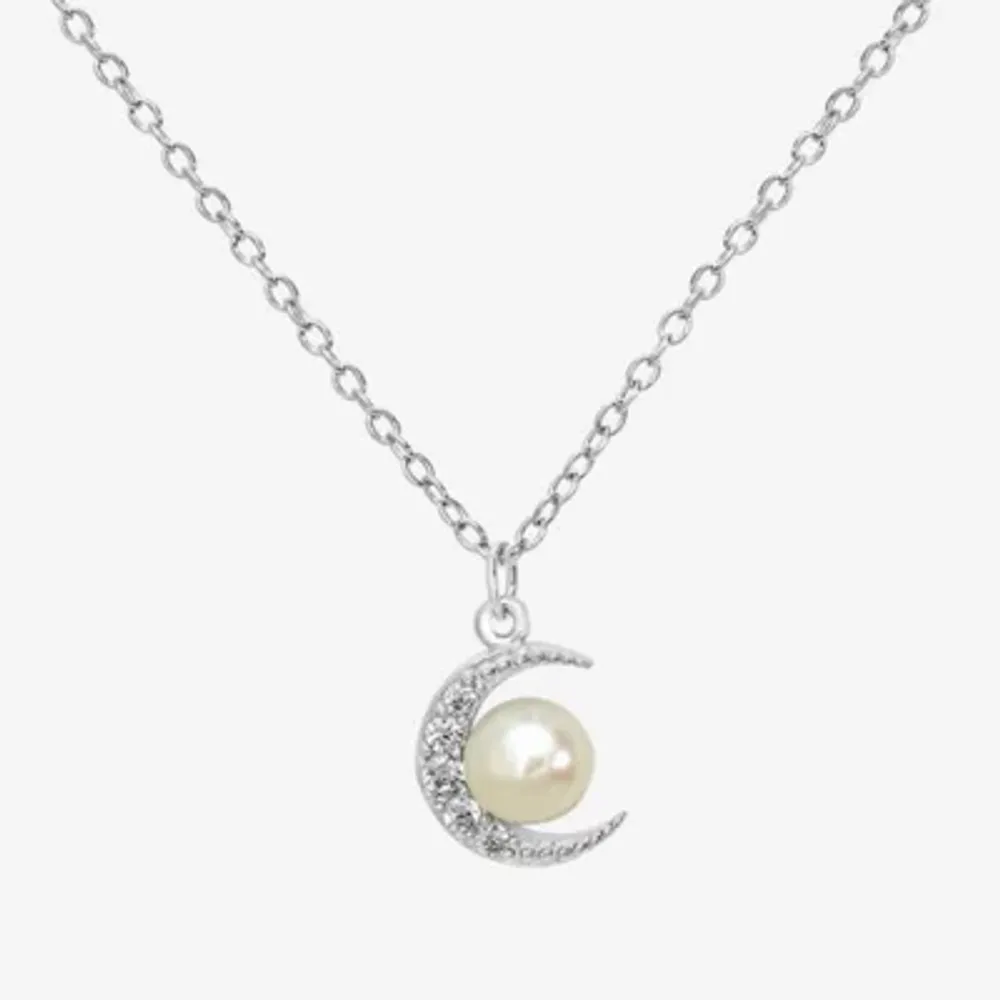 Silver Treasures Womens White Simulated Pearl Sterling Silver Moon 18 Inch Pendant Necklace