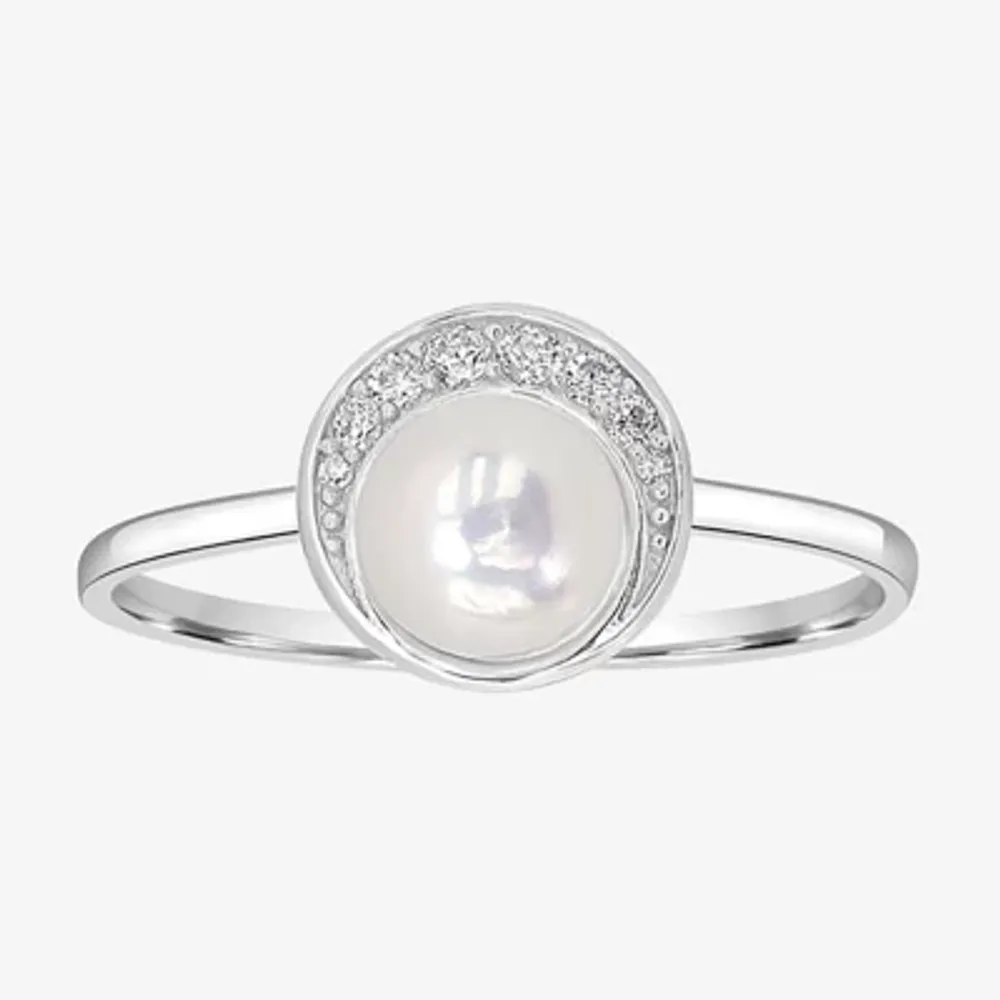 Silver Treasures Womens White Simulated Pearl Sterling Round Delicate Band