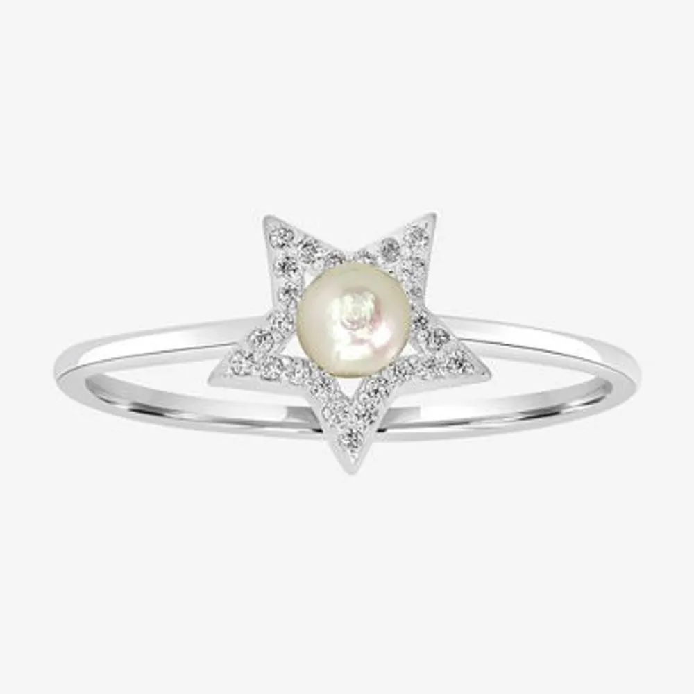 Silver Treasures Womens White Simulated Pearl Cubic Zirconia Sterling Star Delicate Band