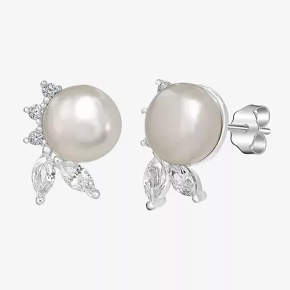 Silver Treasures White Simulated Pearl Sterling Silver Round Stud Earrings