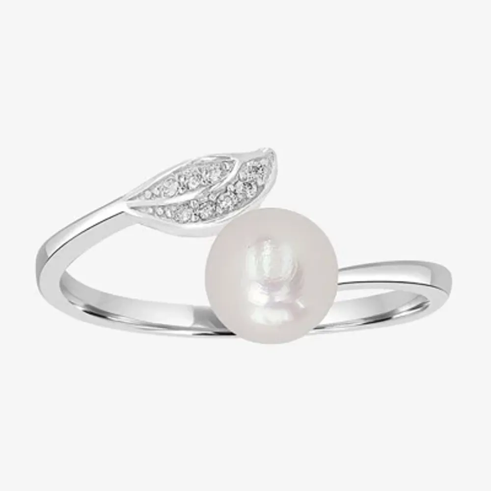 Silver Treasures Womens White Simulated Pearl Sterling Round Bypass Band