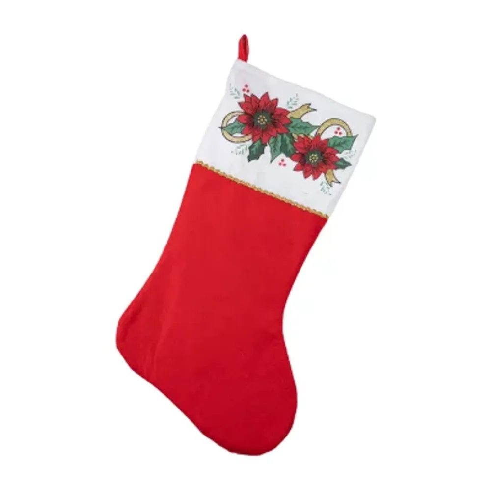 19'' Christmas Traditions Red White and Gold Glittered Illustrated Poinsettia Bordered Stocking