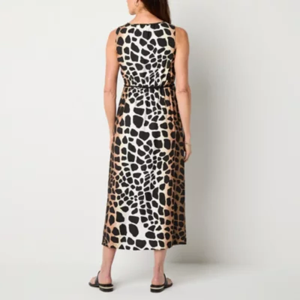 Liz Claiborne Womens Sleeveless Midi Animal Tall A-Line Dress
