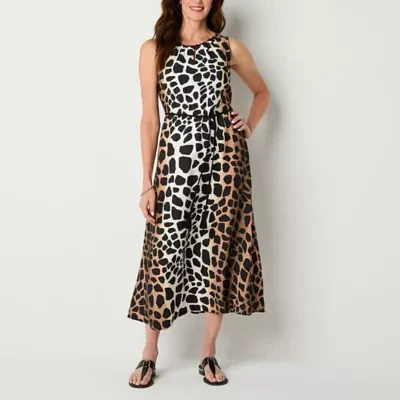 Liz Claiborne Womens Sleeveless Midi Animal Tall A-Line Dress