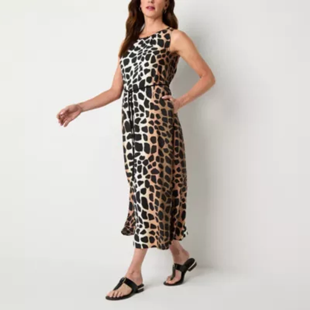 Liz Claiborne Womens Sleeveless Midi Animal Tall A-Line Dress