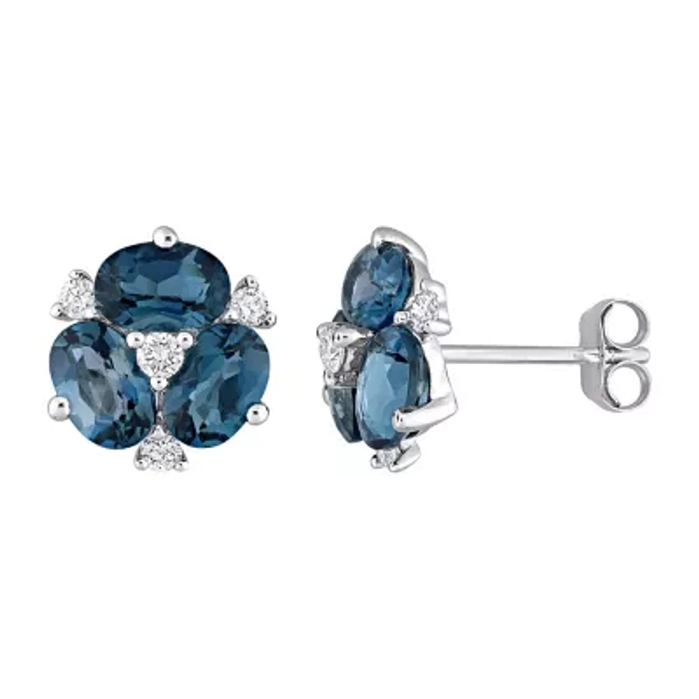 Genuine London Blue Topaz 14K White Gold Flower Stud Earrings