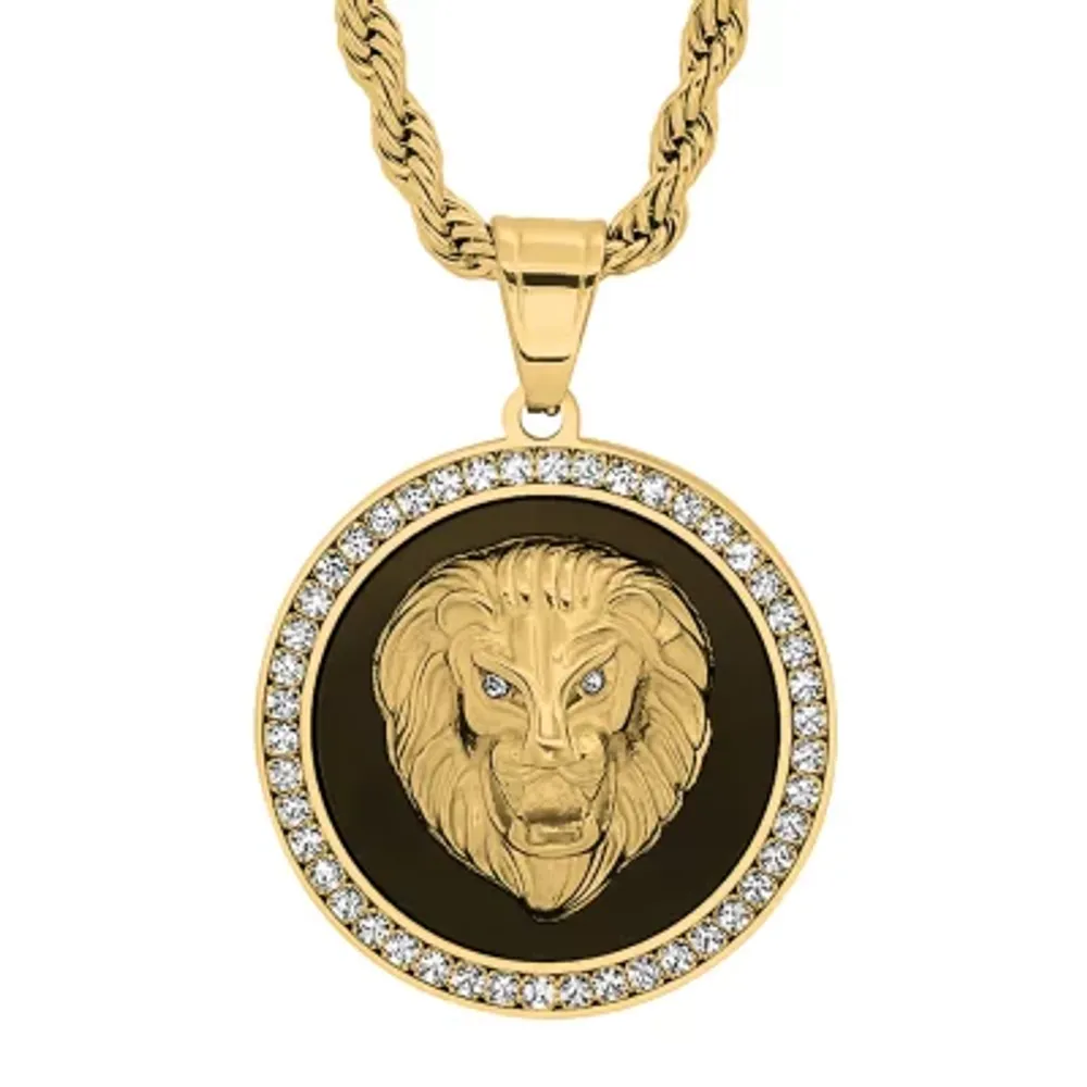 Steeltime Lion Mens Cubic Zirconia 18K Gold Over Stainless Steel Round Hypoallergenic 30 Inch Pendant Necklace