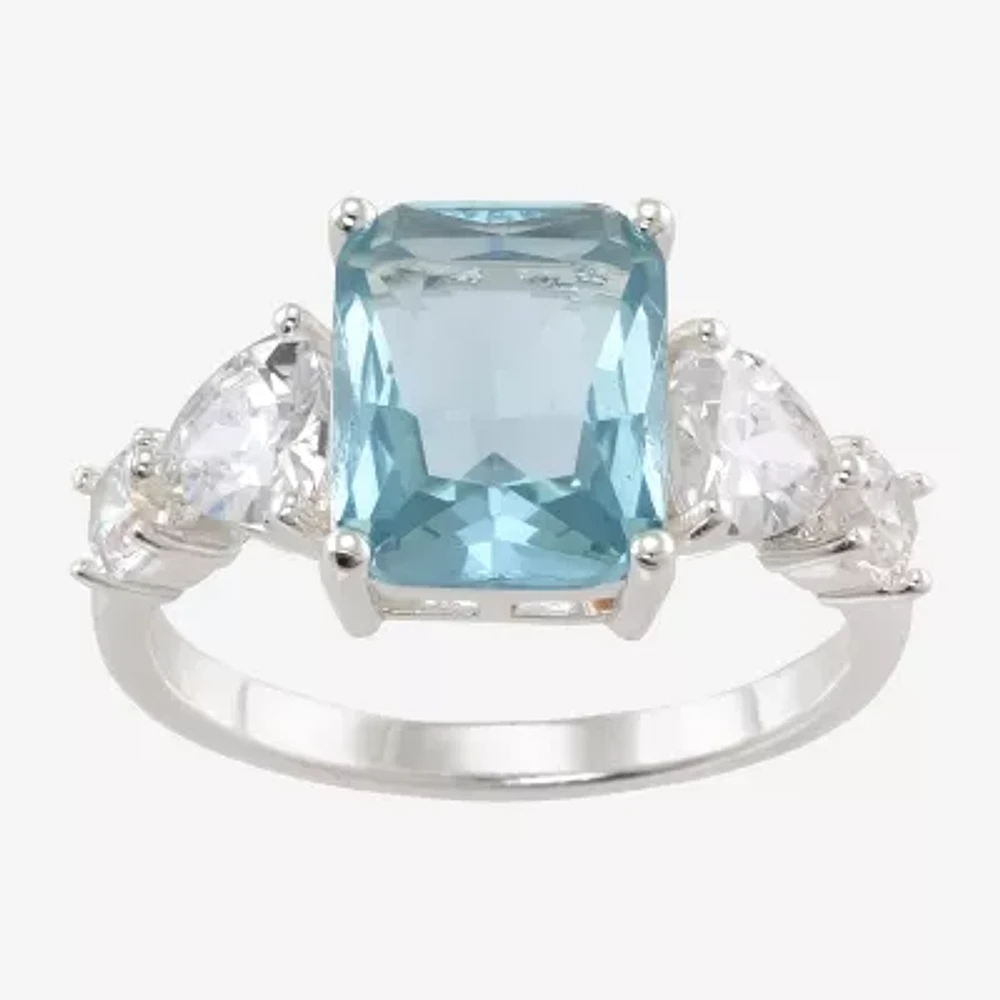 Sparkle Allure Side Stone Womens Blue Crystal Pure Silver Over Brass Cocktail Ring