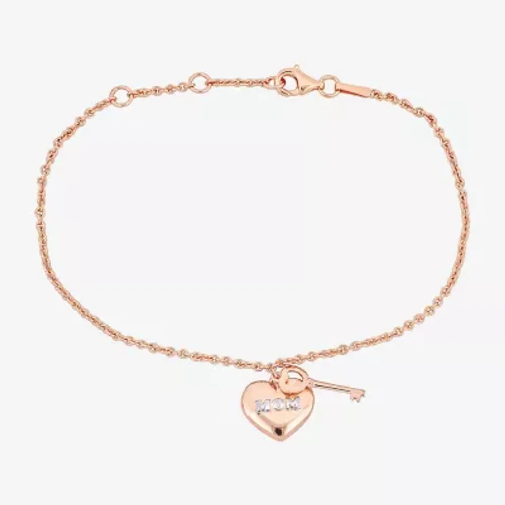 "Mom" Womens 18K Rose Gold Over Silver Heart Keys Charm Bracelet