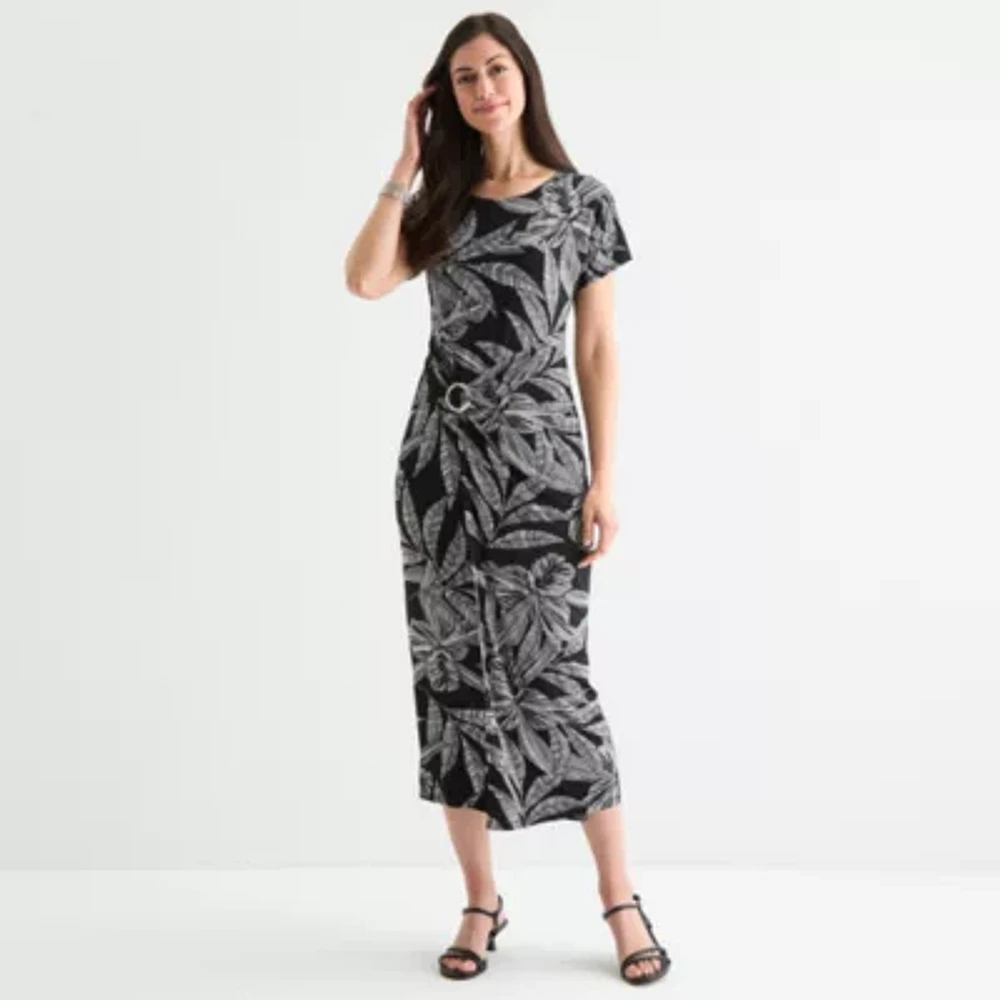 Robbie Bee Womens Short Sleeve Midi Leaf Sheath Dress