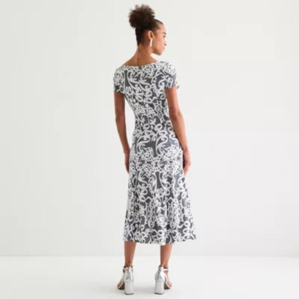 Perceptions Womens Short Sleeve Scroll Midi Fit + Flare Dress