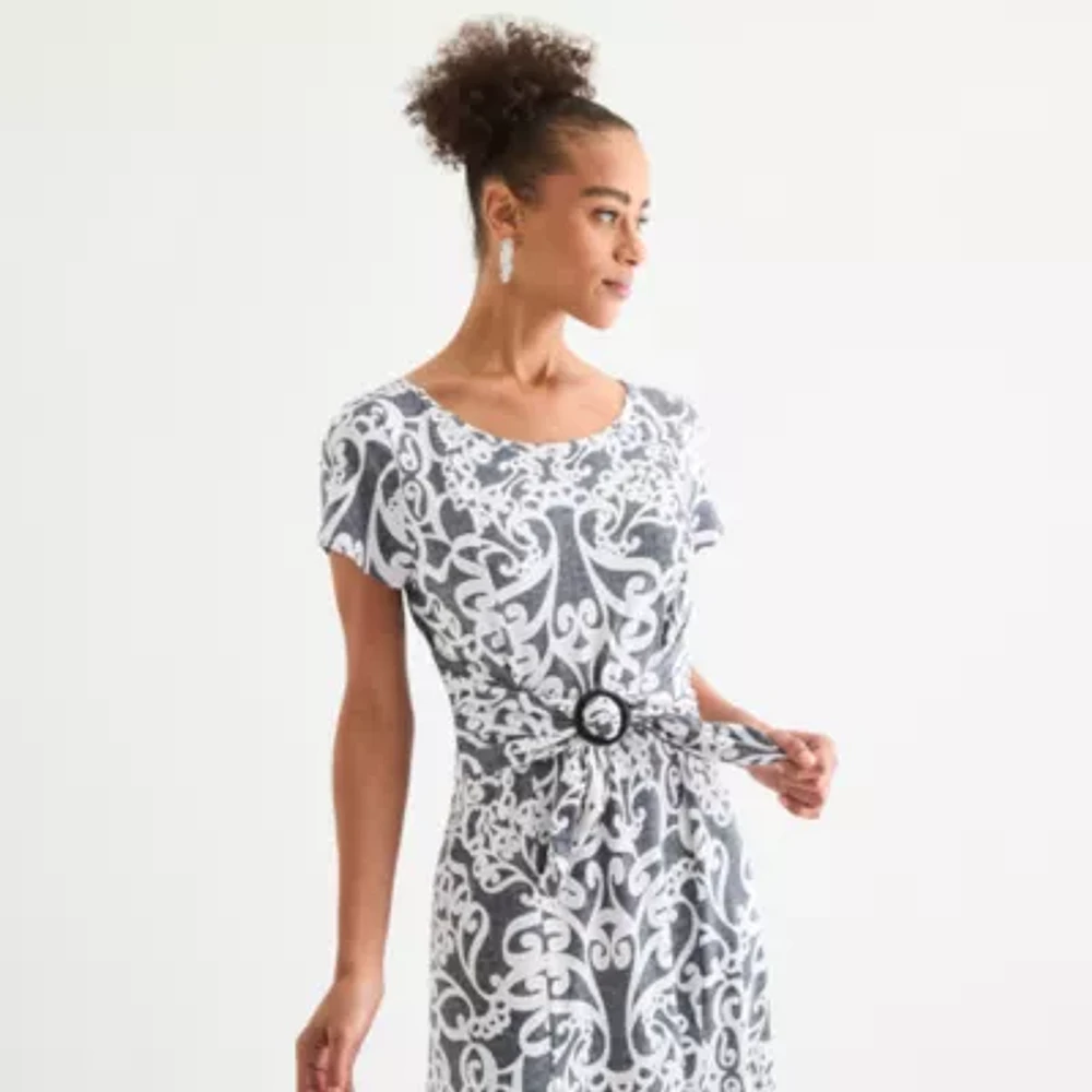 Perceptions Womens Short Sleeve Scroll Midi Fit + Flare Dress