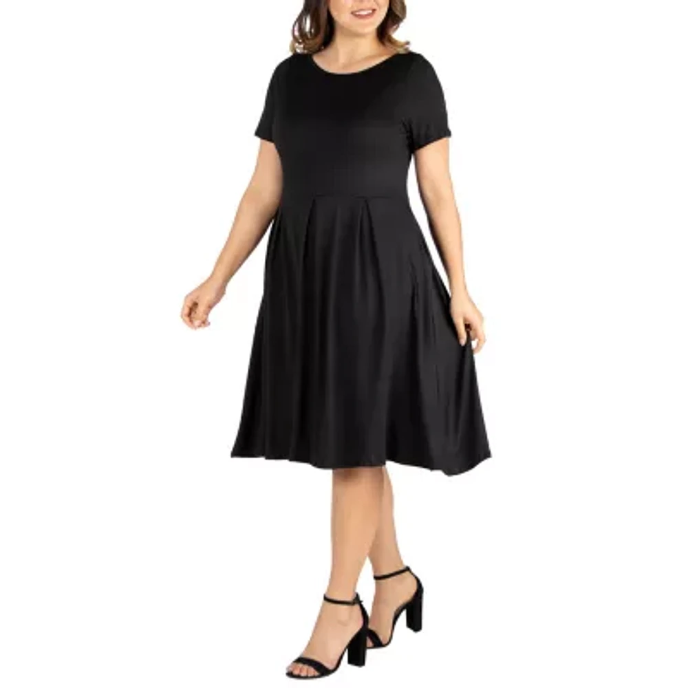 24seven Comfort Apparel Womens Short Sleeve Midi Plus Fit + Flare Dress
