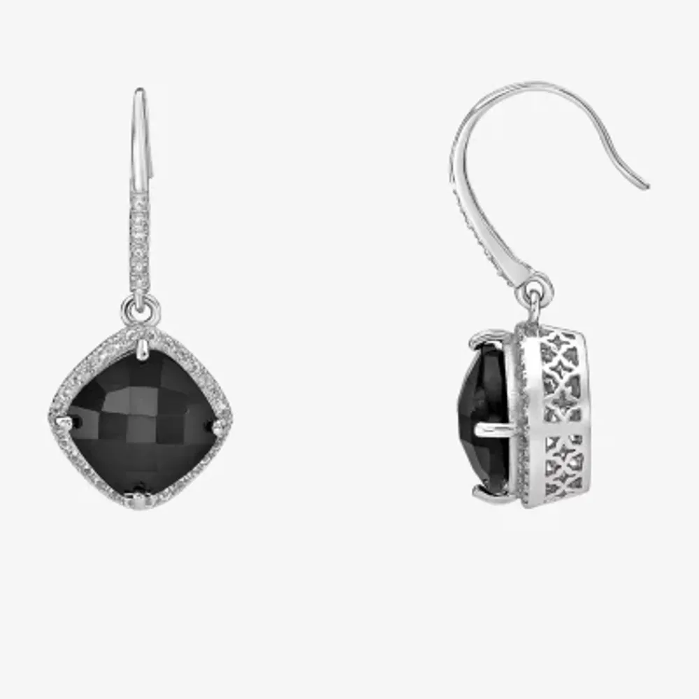 Womens Genuine Black Onyx Sterling Silver Cushion Drop Earrings