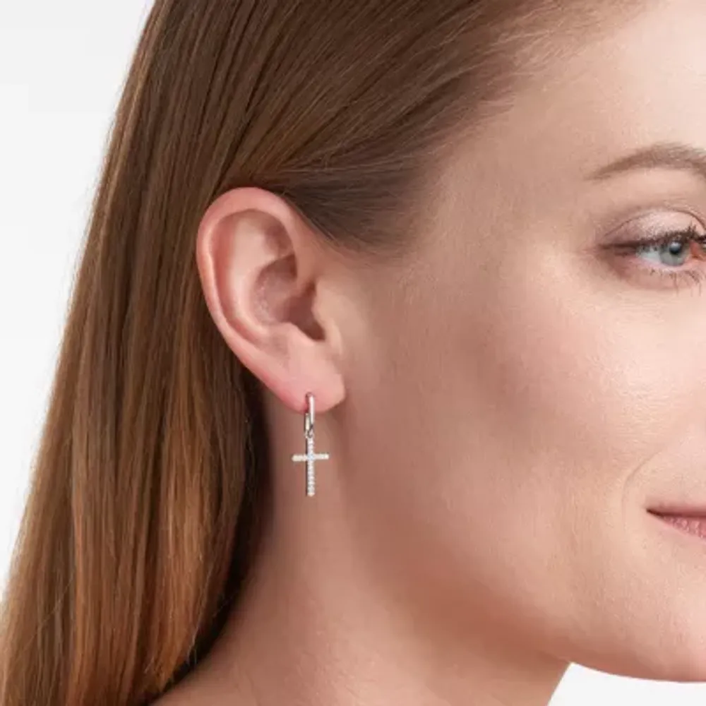 Womens Cubic Zirconia Sterling Silver Cross Drop Earrings
