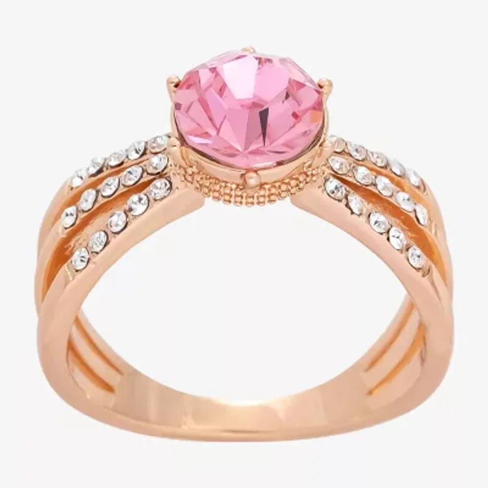 Sparkle Allure Womens Pink Crystal 18K Rose Gold Over Brass Round Cocktail Ring