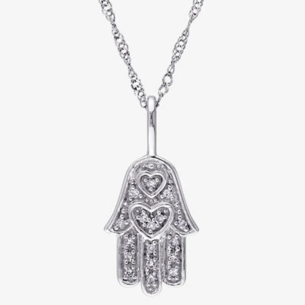 Womens Diamond Accent Natural White Diamond 14K White Gold Hamsa 17 Inch Pendant Necklace