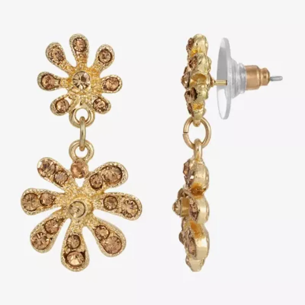 1928 Gold Tone Womens Brown Crystal Flower Drop Earrings