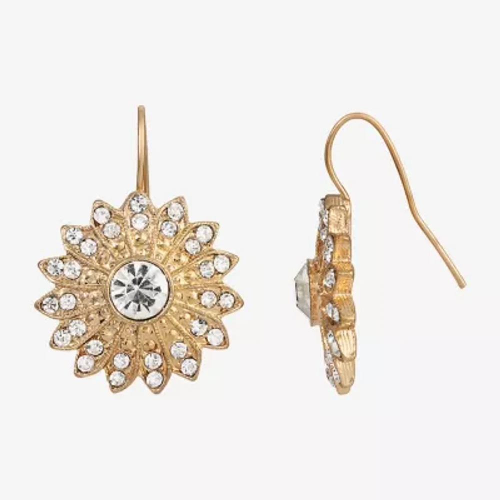 1928 Gold Tone Womens Crystal Flower Drop Earrings
