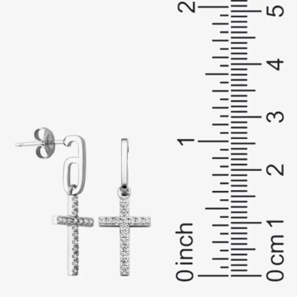 Womens Cubic Zirconia Sterling Silver Cross Drop Earrings