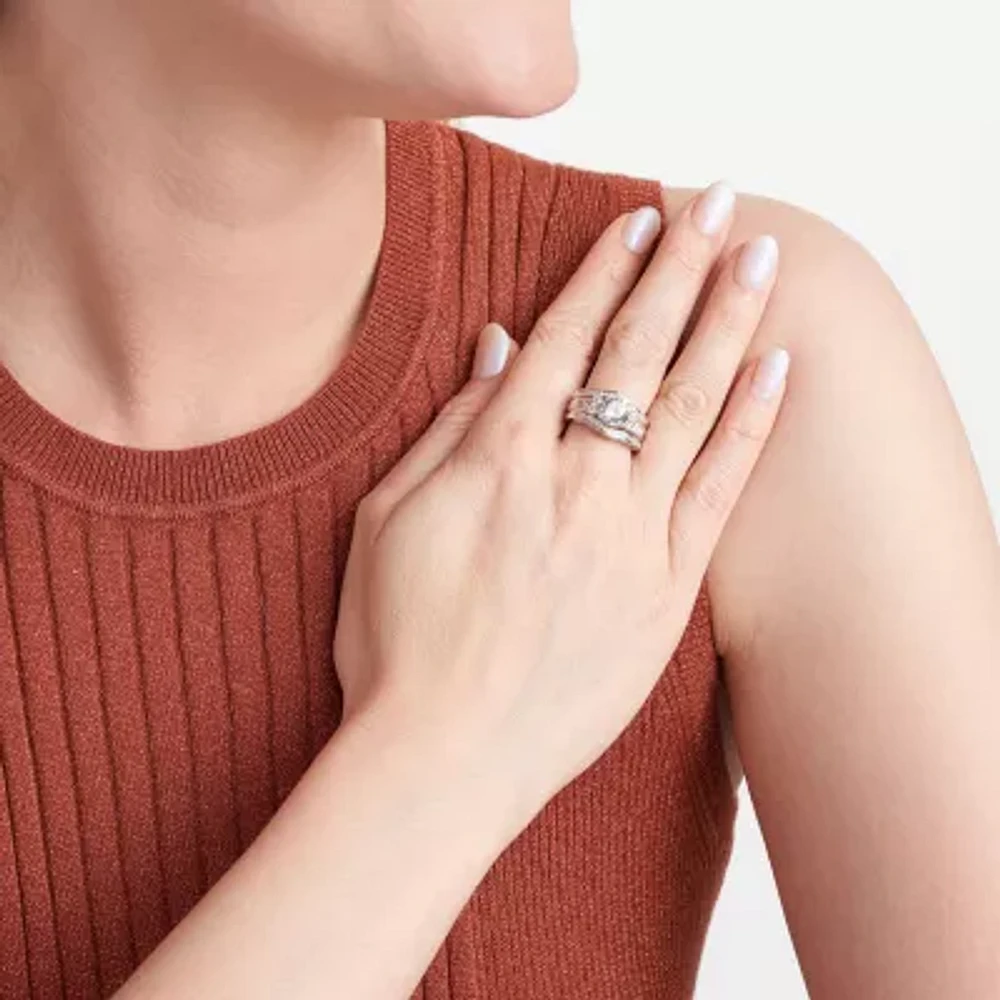 100 Facets by DiamonArt® Cubic Zirconia Sterling Silver 3-Ring Bridal Ring Set