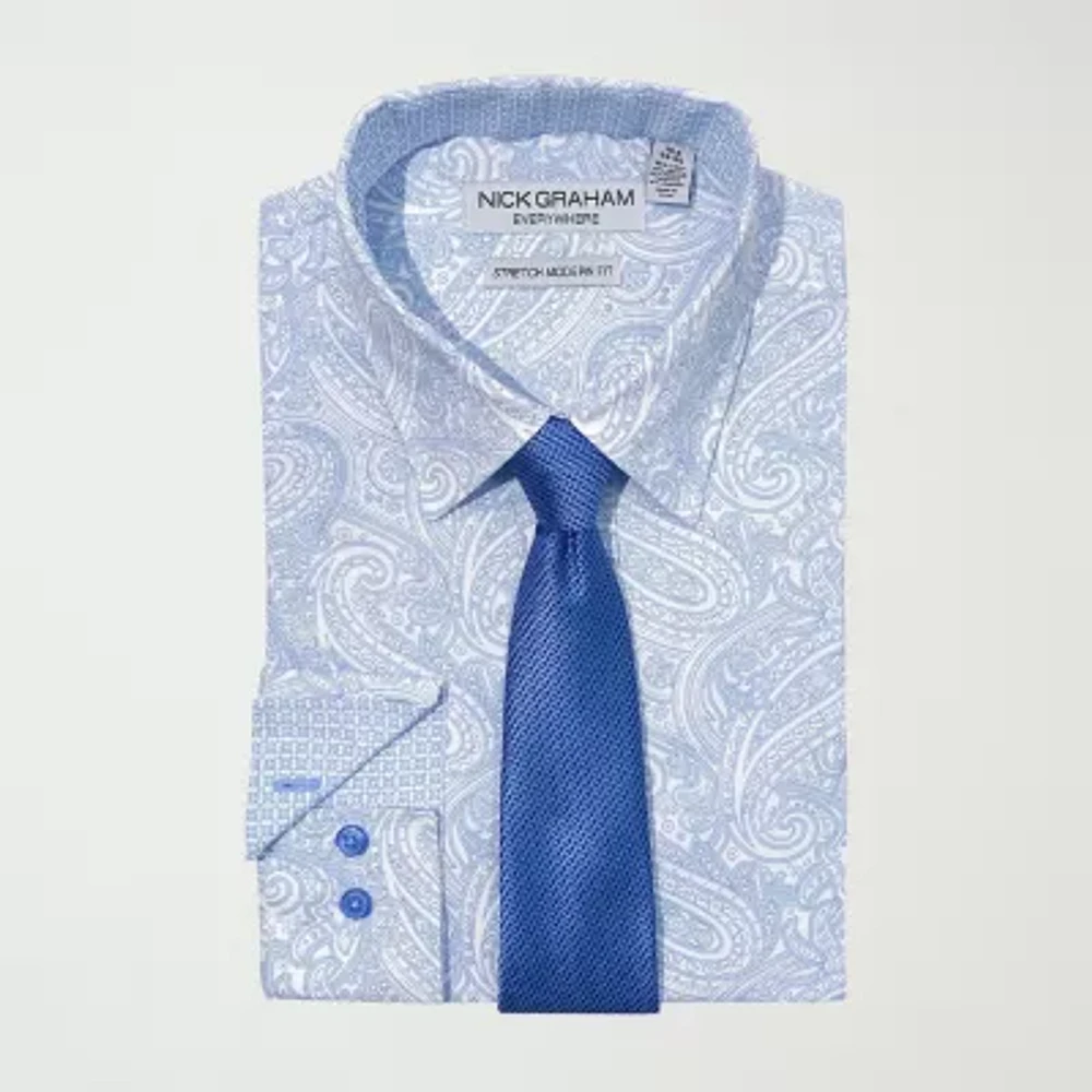 Nick Graham Mens Spread Collar Long Sleeve Shirt + Tie Set