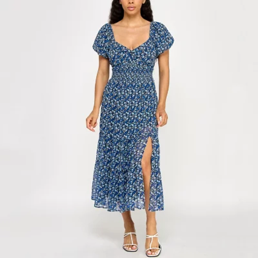 Trixxi Womens Short Sleeve Floral Midi Juniors Fit + Flare Dress