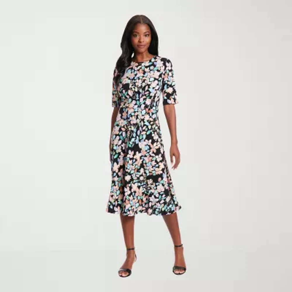 London Times Womens 3/4 Sleeve Floral Midi Fit + Flare Dress