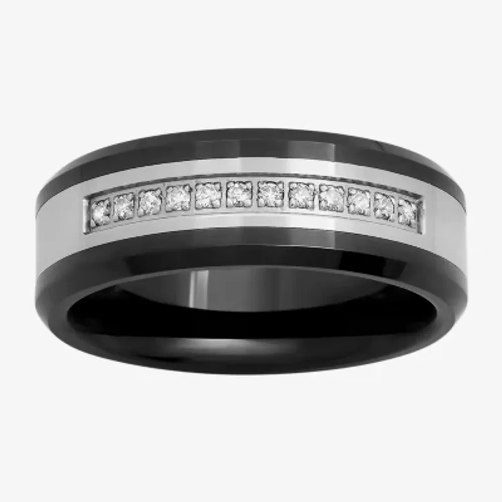 Mens 8MM 1/7 CT. T.W. Natural White Diamond Ceramic Stainless Steel Wedding Band