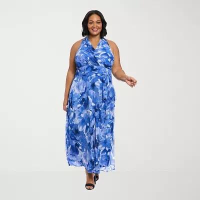 London Times Womens Sleeveless Floral Plus Maxi Dress