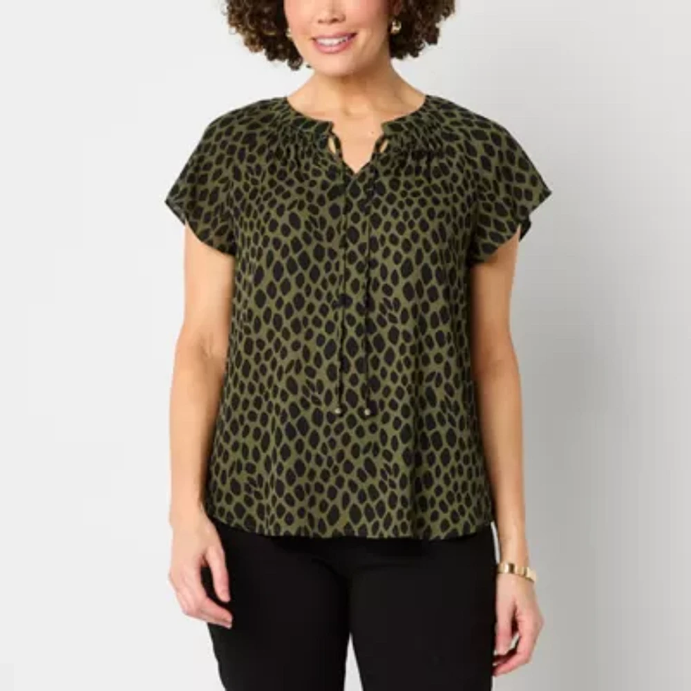 Liz Claiborne Womens Split Tie Neck Short Sleeve Blouse