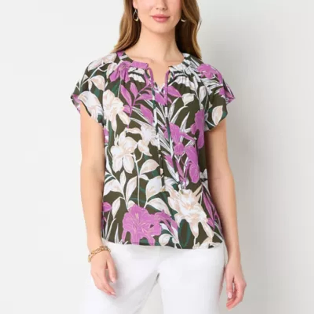 Liz Claiborne Womens Split Tie Neck Short Sleeve Blouse