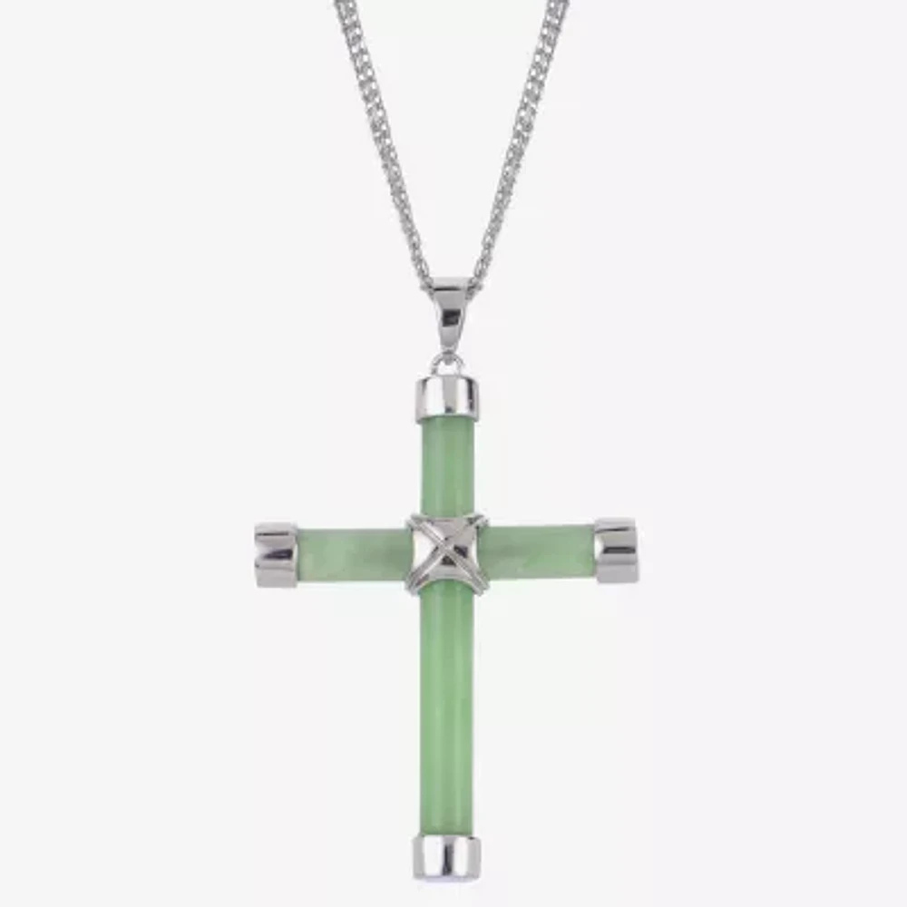 Womens Genuine Green Jade Sterling Silver Cross 18 Inch Pendant Necklace