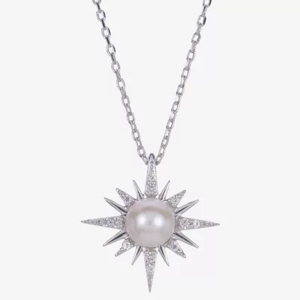 North Star Womens White Cultured Freshwater Pearl Sterling Silver Star 18 Inch Pendant Necklace