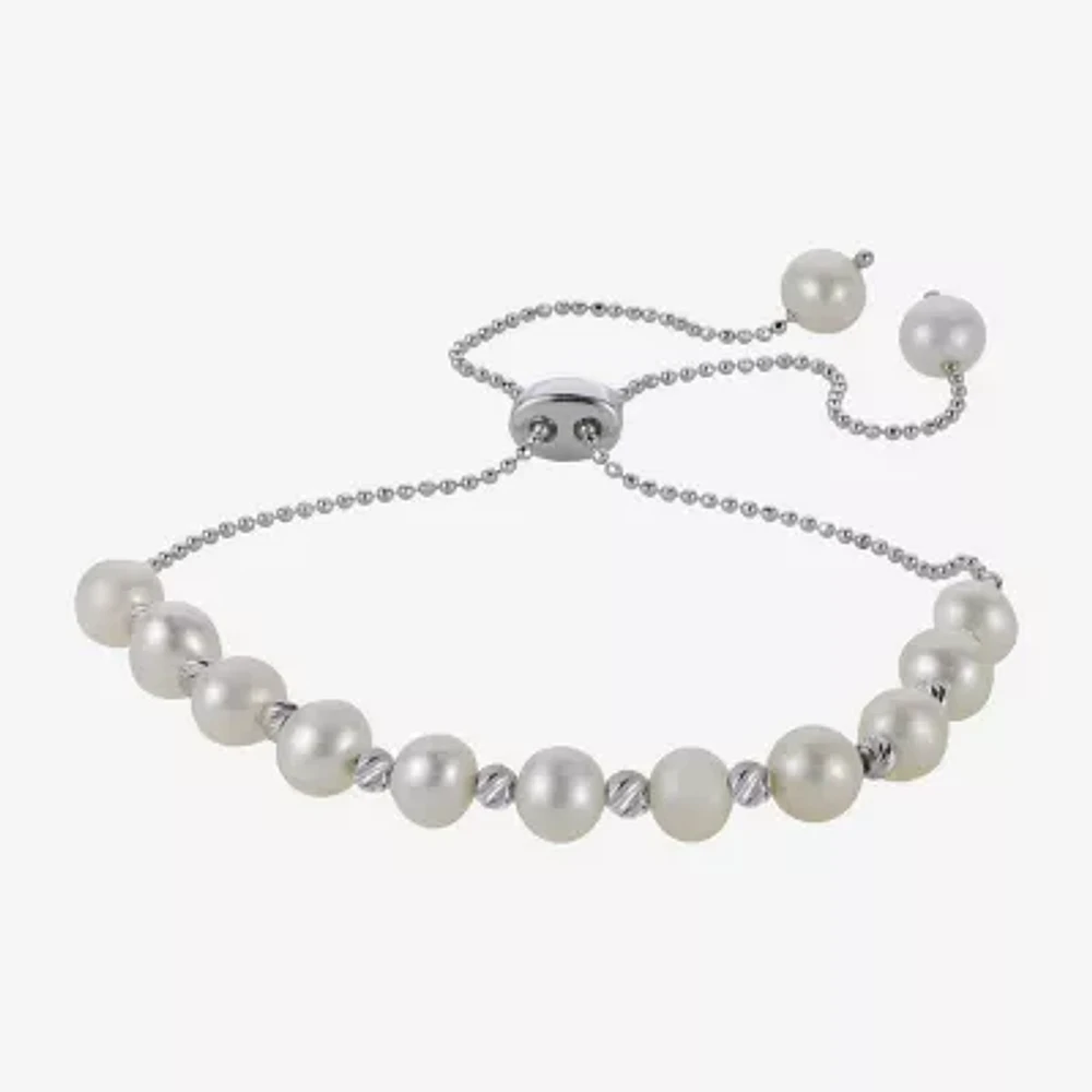 Womens White Cultured Freshwater Pearl Sterling Silver Bolo Bracelet
