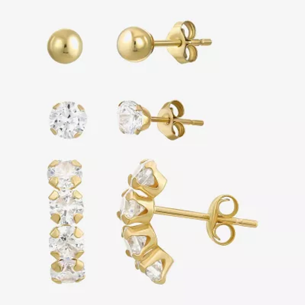 Womens Cubic Zirconia 10K Gold Round 3 Pair Earring Set
