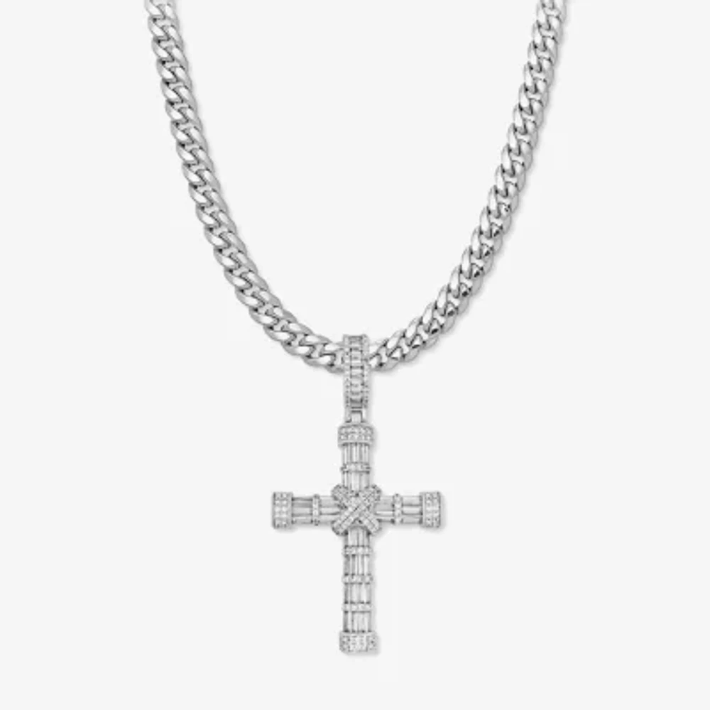 Mens Cubic Zirconia Stainless Steel Cross 26 Inch Pendant Necklace