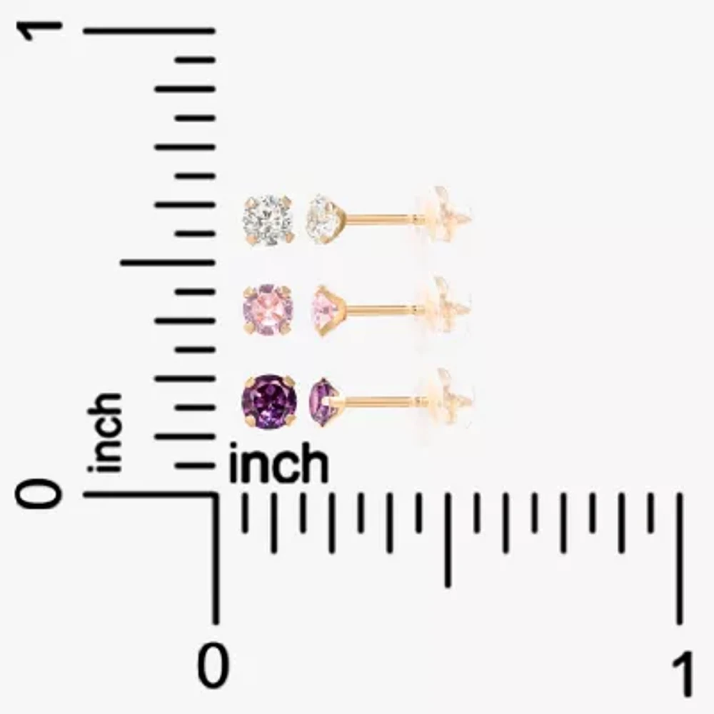 Girls Multi Color Cubic Zirconia 14K Gold Round 3 Pair Earring Set