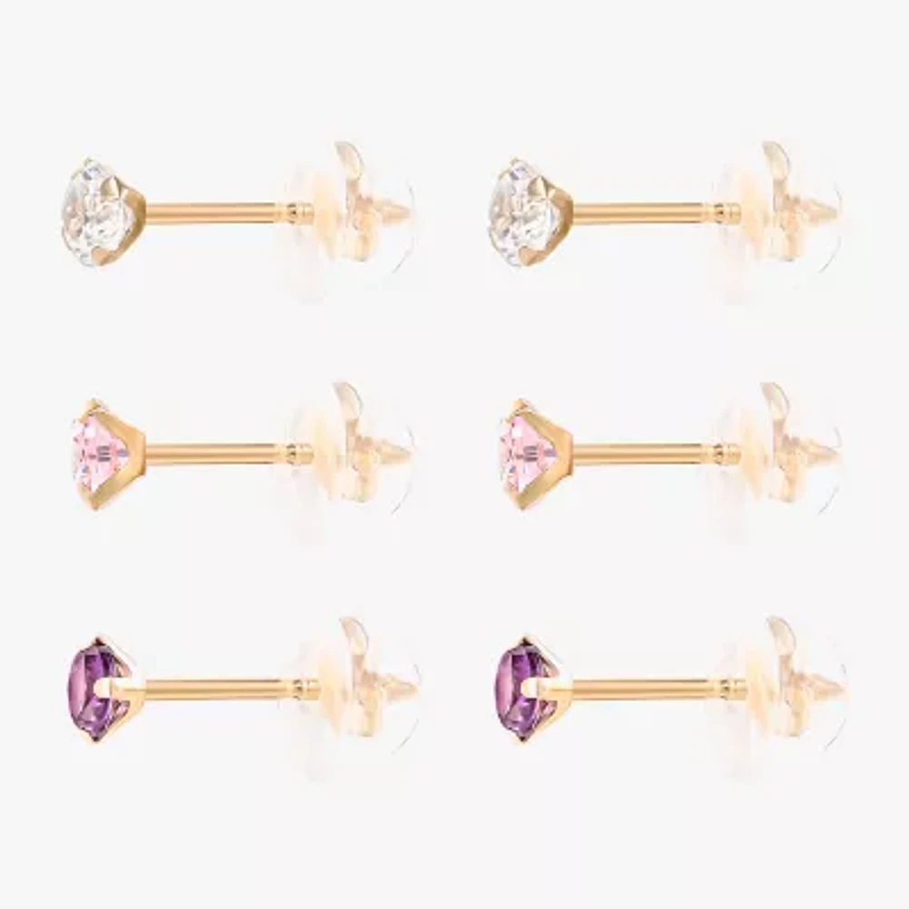 Girls Multi Color Cubic Zirconia 14K Gold Round 3 Pair Earring Set