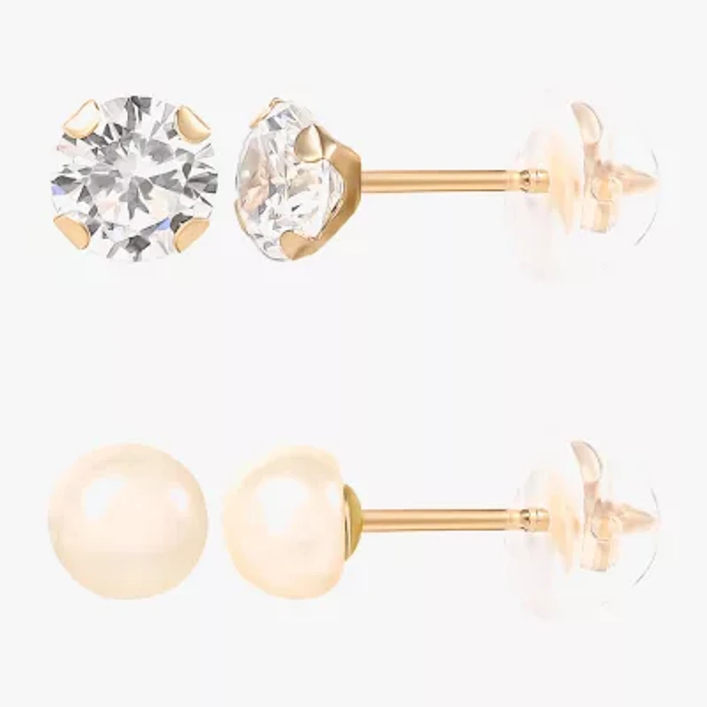 Girls Cubic Zirconia 14K Gold Round 2 Pair Earring Set