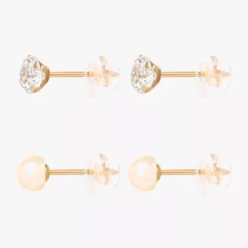 Girls Cubic Zirconia 14K Gold Round 2 Pair Earring Set