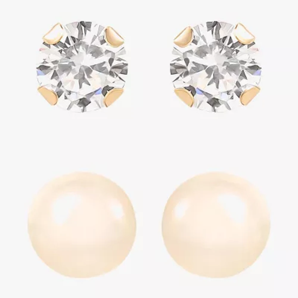 Girls Cubic Zirconia 14K Gold Round 2 Pair Earring Set