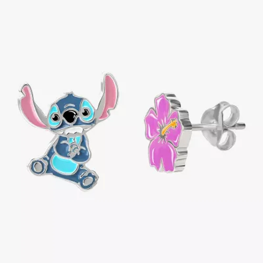 Disney Collection Sterling Silver 12.8mm Flower Lilo & Stitch Stud Earrings