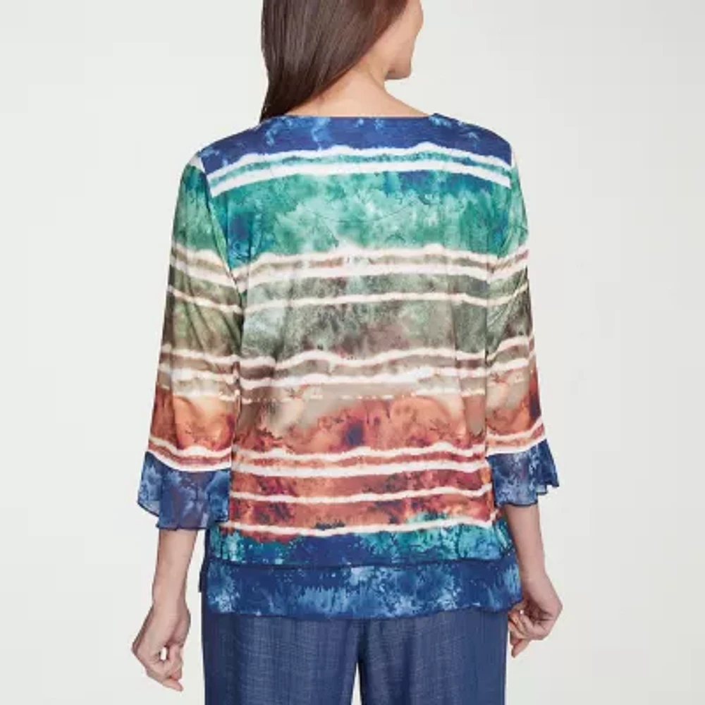 Alfred Dunner Summer Solstice Womens Crew Neck 3/4 Sleeve Blouse