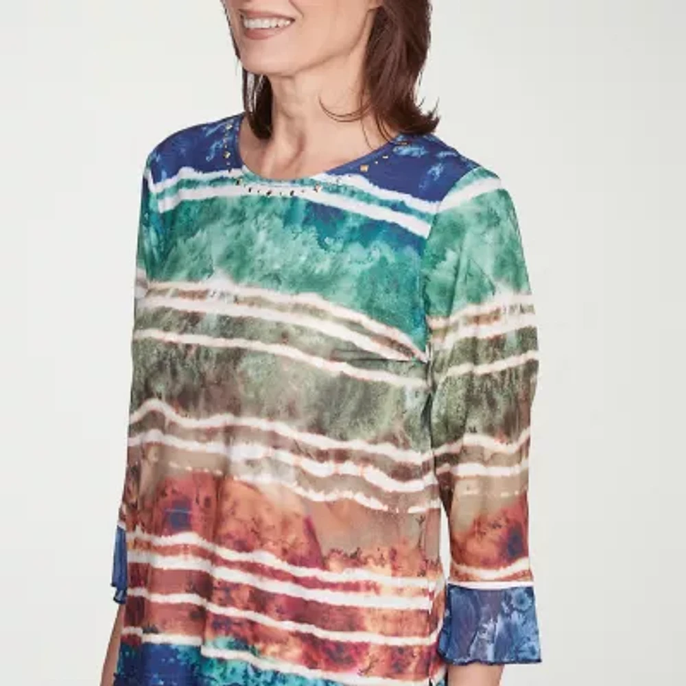 Alfred Dunner Summer Solstice Womens Crew Neck 3/4 Sleeve Blouse