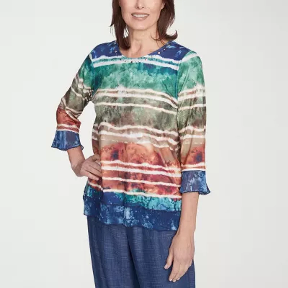 Alfred Dunner Summer Solstice Womens Crew Neck 3/4 Sleeve Blouse