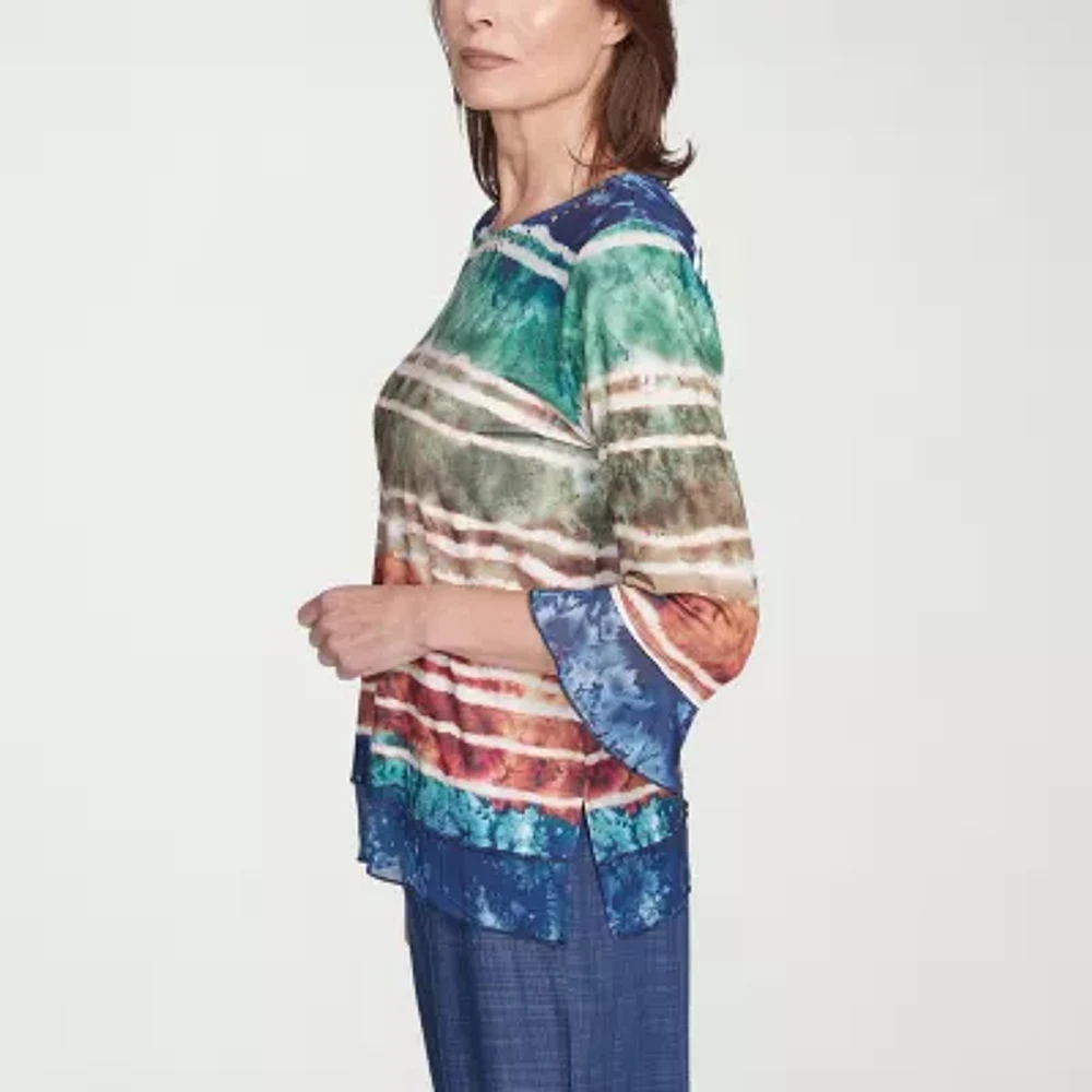 Alfred Dunner Summer Solstice Womens Crew Neck 3/4 Sleeve Blouse