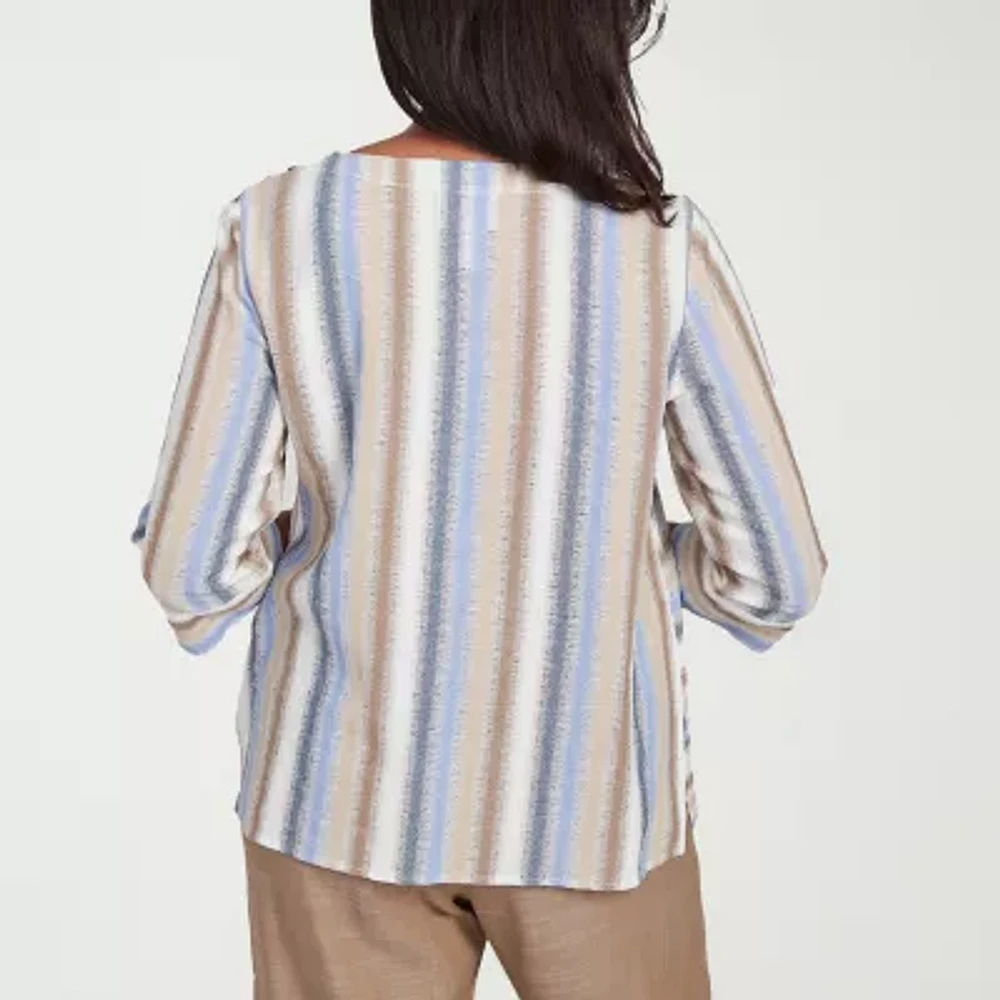 Alfred Dunner Summer Solstice Womens Crew Neck 3/4 Sleeve Button-Down Shirt